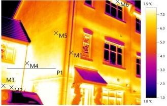 Thermal image &mdash; Detached house survey. Spot readings and a line profile taken across the elevation to compare fabric performance between construction types.