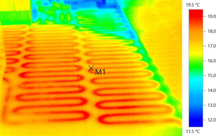 Thermal image &mdash; Underfloor heating verification. Pipe loop layout and heat coverage confirmed before floor finishes are laid, avoiding costly remedial work later.